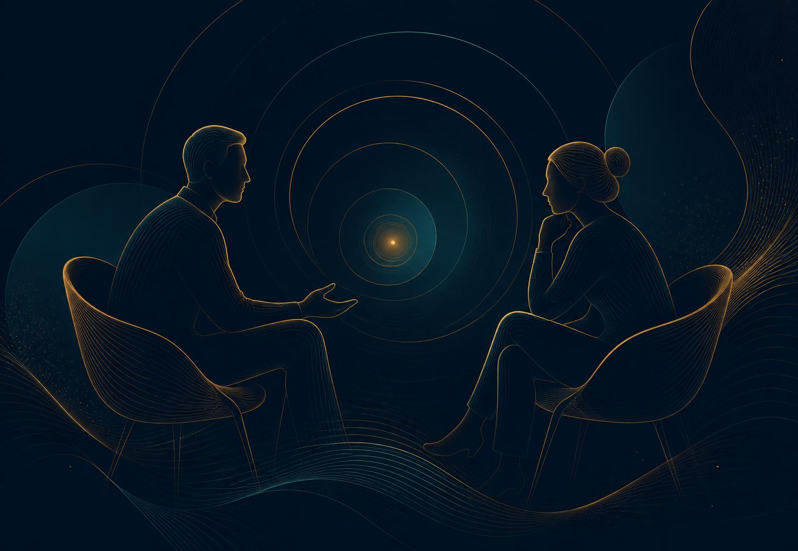 Two abstract figures in a coaching conversation surrounded by concentric listening ripples